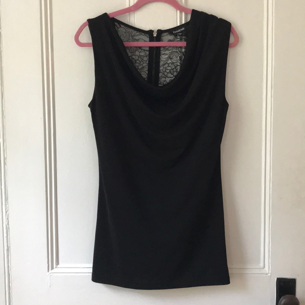 Bebe Sleeveless Draped Black Top w Lace Back